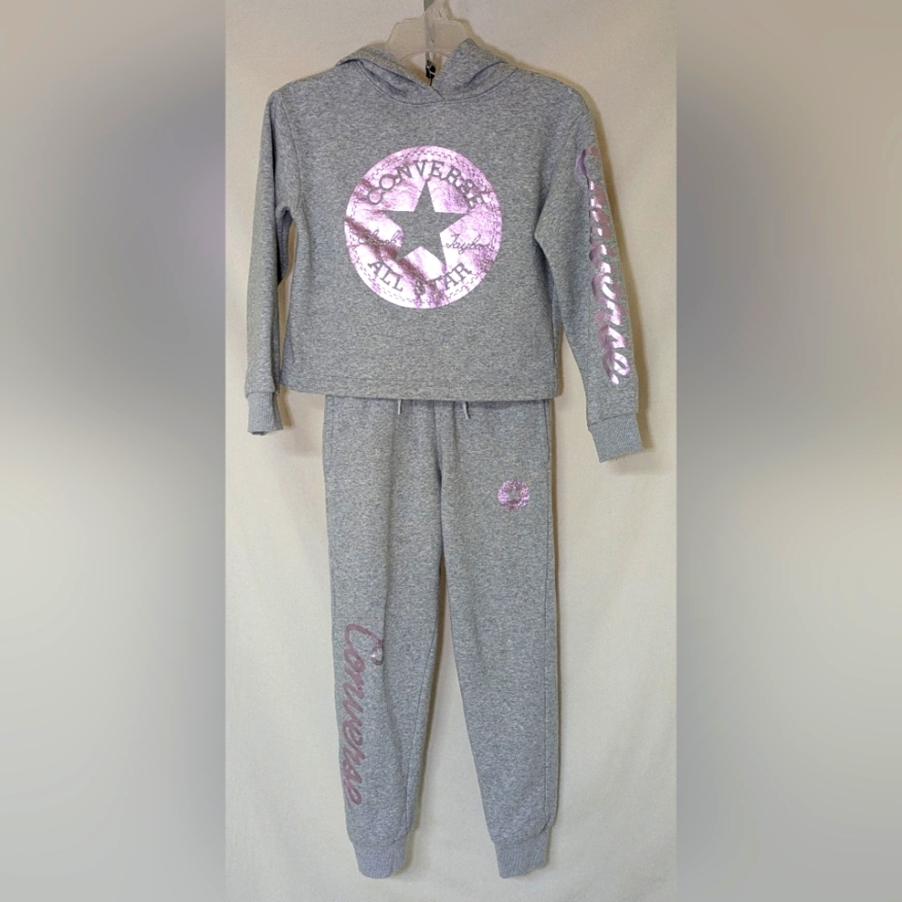 Converse Hoodie & Jogger pants, gray w/fuchsia emblem/logo, girls size (M) 10-12